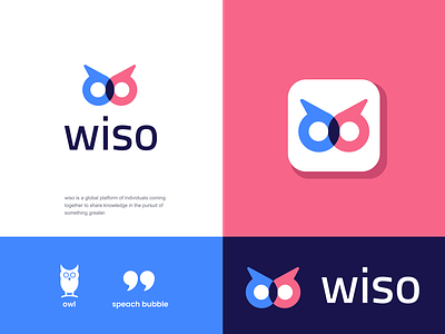 wiso animal bird chat clever communication community creative design logo minimal owl share simple talk wisdom