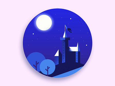 Castle by night 2d blue castle flat illustration minimalistic moon night simple ui vector