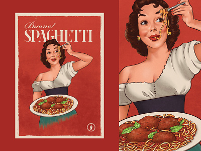 Italian Retro Poster - Spaghetti design food illustration italian portrait poster red retro spaghetti woman
