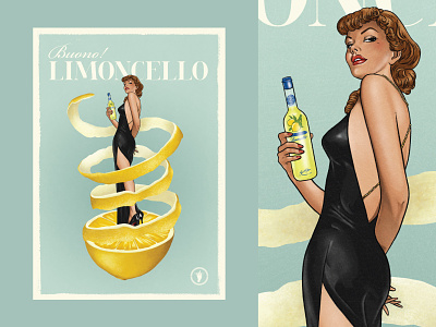 Italian Retro Poster - Limoncello alcohol blue cocktail design illustration italian lemon limoncello liquor portrait poster retro woman yellow