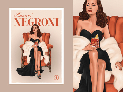 Italian Retro Poster - Negroni alcohol cocktail design illustration italian negroni portrait poster red retro woman