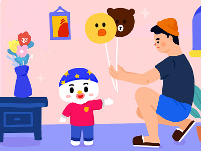 Accept gifts from others balloon boy bule folwer gift hachu linefriend painting picture frame pink star
