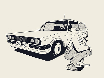 Demain c'est loin 1980s 1990s balck and white car car illustration character character design golf illustration procreate procreate app retro tdi two colors volkswagen