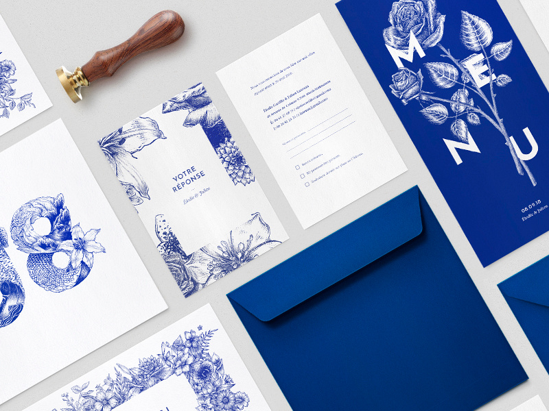 Wedding stationery illustration engraving plants flowers drawing typography graphism graphic design type reflex blue pantone wedding card blue ink blue save the date invite design card print wedding stationery