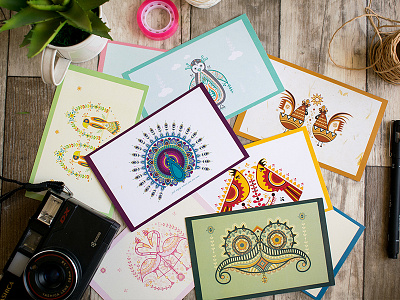 postcards art birds folkart ink motif pattern tatto wrappingpaper
