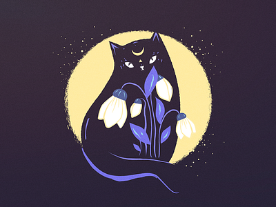 Black cat with Galanthus art cat flowers illustration illustrator magic moon