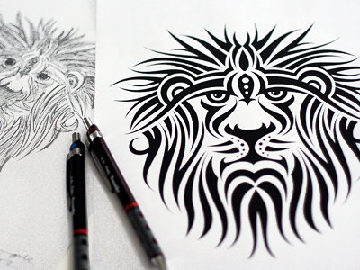 Lion black hand illustration lion made tatoo vector white