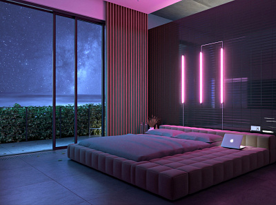 Neon Space Interior 3d apple archviz bedroom cgi chill design environment illustration interior location metaverse neon presentation product relax render space stars visualization