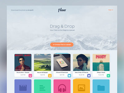 Fileer Home & Quick Upload cards clean file home landing social ui upload ux web website