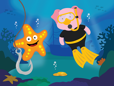 Water-hog! bingo character flat design illustration illustrator pig scuba diving slots under water