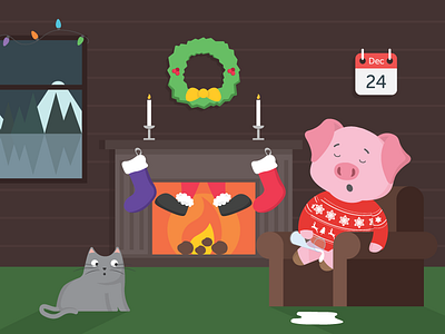 Christmas Eve at Oink Bingo cat christmas christmas eve flat design funny illustration new year pig santa
