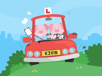 What's that coming over the hill? car driving driving test flat design illustration learner pig piglet vector