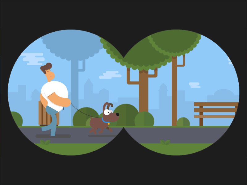 I spy with my little eye... after effects animation binoculars bird dog exercise flat design girl outdoors park racoon walk
