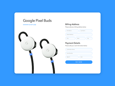 Checkout/Payment Screen — Google Pixel Buds blue checkout dailyui google payment product design ui ux