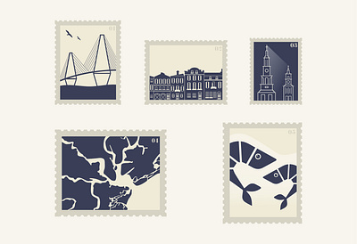 Charleston Themed Stamps charleston churches city design illustrator maps rainbowrow shrimp stamps vector