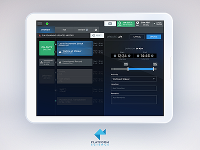 Telematics Driver Interface app dark iot tablet timeline ui