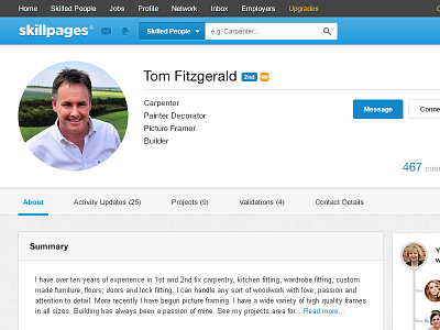 SkillPages Profile Redesign banner blue buttons circle connections header navigation profile search skillpages skills summary