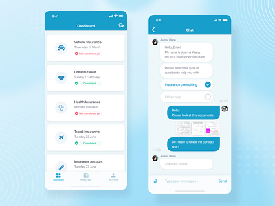 Insurance app dashboard & Chat cards chat chatbot chatting dashboard help center insurance app ios life insurance light