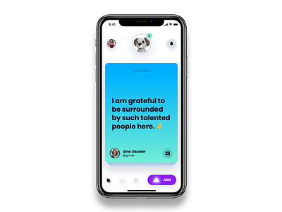 A UI concept for a gamified wellbeing app 3d animation app c4d cards character concept gamification gradient gratitude interaction mobile pet swipe ui ux