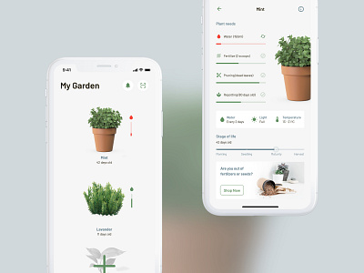 Plant & gardening assistant app 2d app assistant concept design gardening gray growing mobile natural needs pastel plants product ui ux