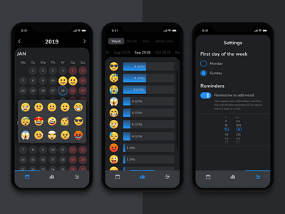 Mood Tracker - dark mode app app design calendar dark mode emoji mood mood tracker ui ux