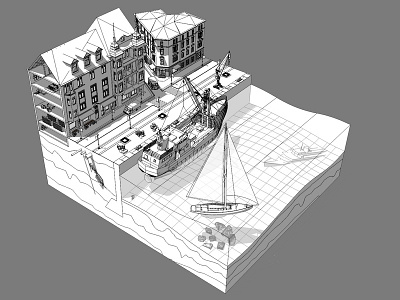Waterfront illustration wireframe 3d greyscale illustration ships water waterfront