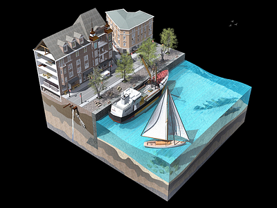 Waterfront - coloured version 3d architecture illustration ships waterfront