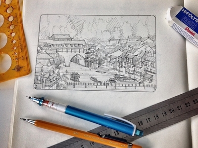 Tiny sketch to develop further architecture city medieval sketch