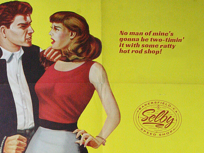 Selby Speed Shop Two-Timin’ Pulp Poster automotive bakersfield couple fighting hot rod poster pulp red head retro shop speed vintage