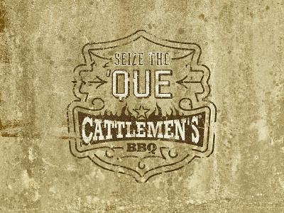 Cattlemen’s Distressed Seize the ’Que Primary Emblem badge barbecue bbq cattlemens decorative emblem logo ornate que shield star vintage