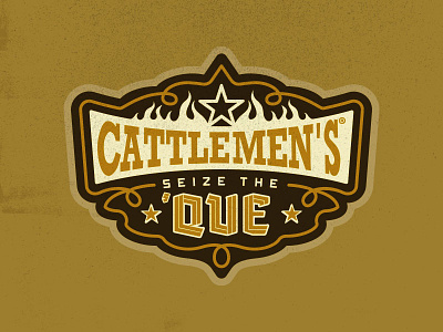 Cattlemen’s Seize the ’Que Emblem badge barbecue bbq cattlemens decorative emblem logo ornate que shield star vintage