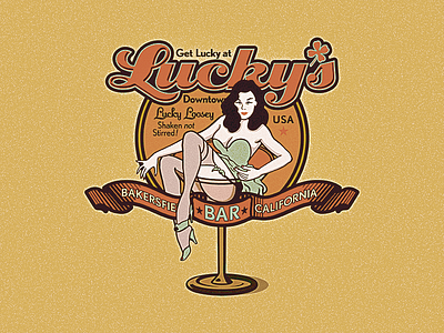 Lucky’s Bar Lucky Loosey banner bar clover decorative girl logo lucky martini glass ornate pinup vintage woman