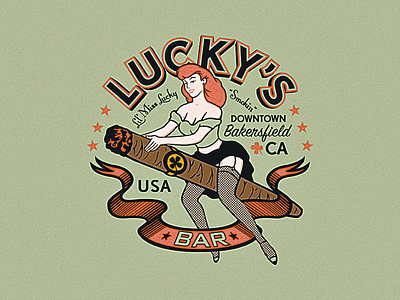 Lucky’s Bar Lil’ Miss Lucky banner bar cigar decorative girl logo lucky ornate pinup star vintage woman