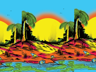 BEACH 80s adobe illustrator beach editorial illustration jungle neon palm tree pollution sunrise sunset toxic trash