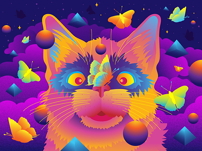 When the Catnip Hits adobe illustrator butterflies butterfly cat design editorial art illustration neon trippy vector