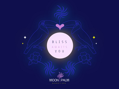 Moon Palm Resort - Bliss Awaits You adobe illustrator brand identity branding design flower hospitality illustration illustrator logo neon palm tree relax toucan travel tropical typography vacation vector women