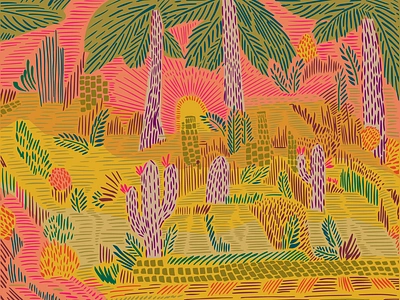 Cactus City - 24x18 Matte Print adobe illustrator bright colors cactus desert flowers happy illustration illustrator line nature palms palmtree papercut poster print