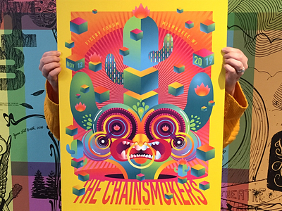 Chainsmokers poster adobe illustrator cactus chainsmokers cube geometric gig poster illustration milwaukee monkey neon psychedelic the chainsmokers trippy typography vector wisconsin