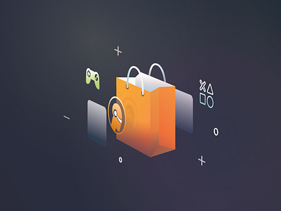 Fulldive VR Market Place Illustration 3d fulldive game graphic design illustration low poly orange shopping bag vector virtual reality vr