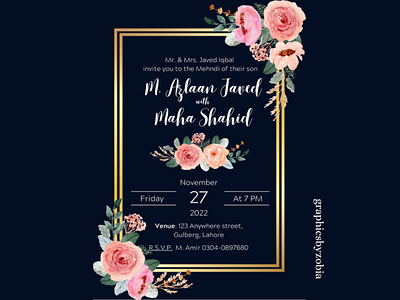 Floral Wedding Invitation with navy background
