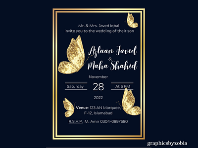Wedding invitation designed with gold and black theme