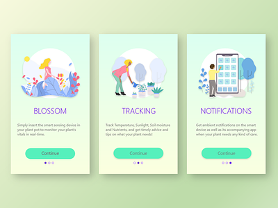 Splash screens for a product concept, Blossom. splash screen splash screens exploration walkthrough welcome screens