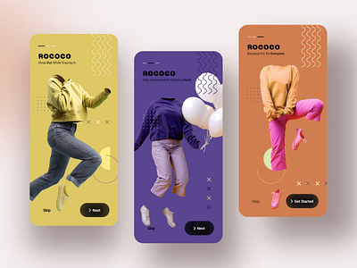ROCOCO- For Every Woman (eCommerce mobile app) adobe xd branding design ecommerce app fashion store figma graphic design memphis mobile app onboarding screens photo editing shopping store splash screen ui design user flow ux design women fashion