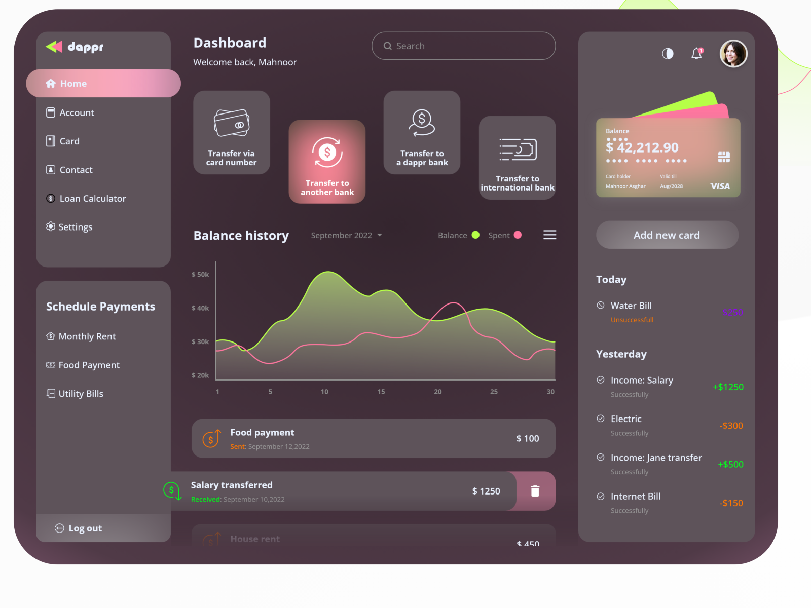 Digital Banking Dashboard UI dark mode by Mahnoor Asghar on Dribbble