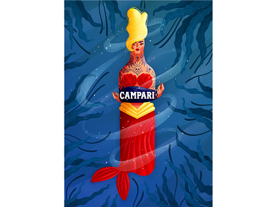 Campari girl fanart alcohol bar beautiful blue mermaid noise poster red sea seaweed swim tattoo
