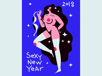 sexy new year - good girl 2018 boobs card dance dodle girl postcard stars strip tits wooman