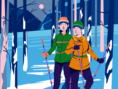 Flat design people snowshoeing illustration