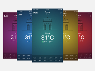 Weather App Themes app app ui blue green ios ios design mobile app red ui weather weather app yellow