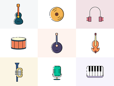 Music icon set disc drums guitar headphones iconography icons instrument keyboard mic music ukulele violin