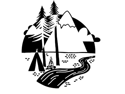 Hideout Campground black and white campground camping graphic deisgn monochromatic mountain river tent